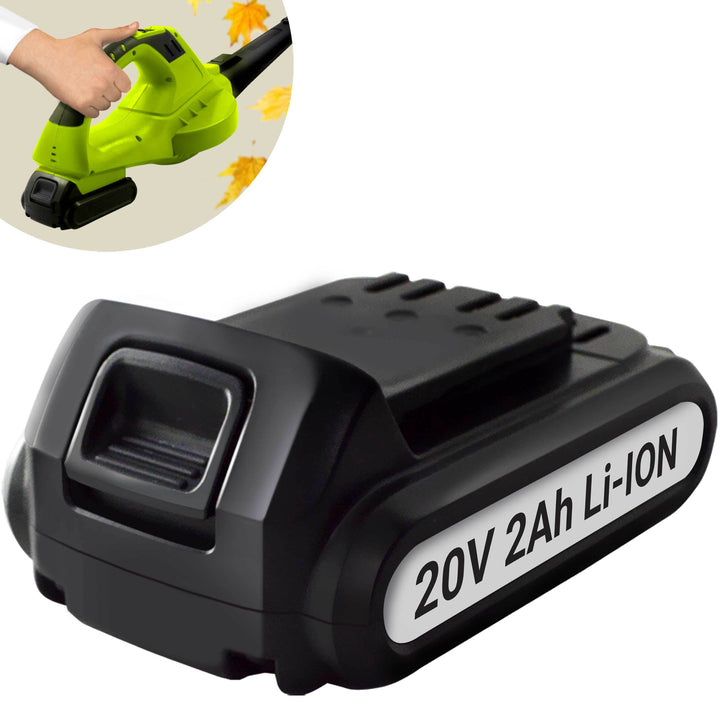 Black Li-ion battery with '20V 2Ah' label on a white background, with a small inset showing a green leaf blower.