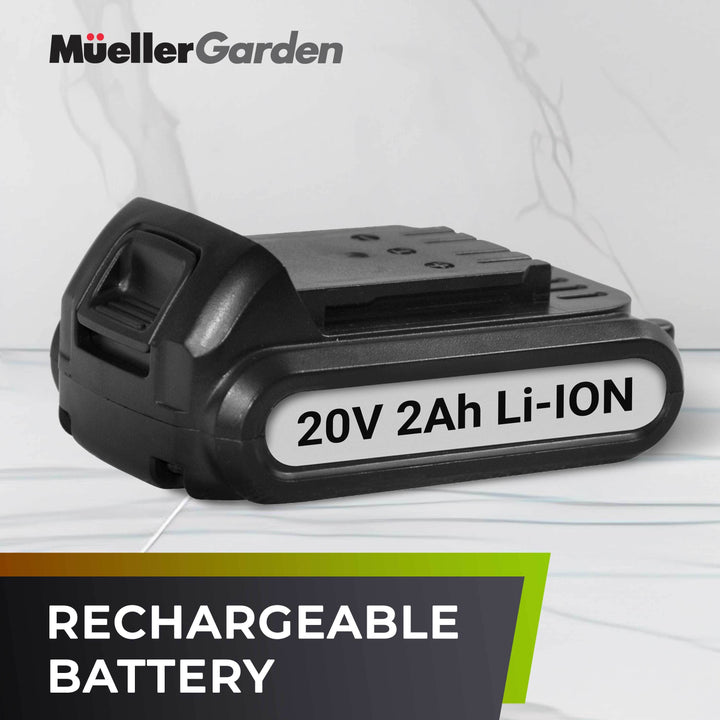 Rechargeable battery 20V 2Ah Li-ION with 'MüllerGarden' branding on a white background
