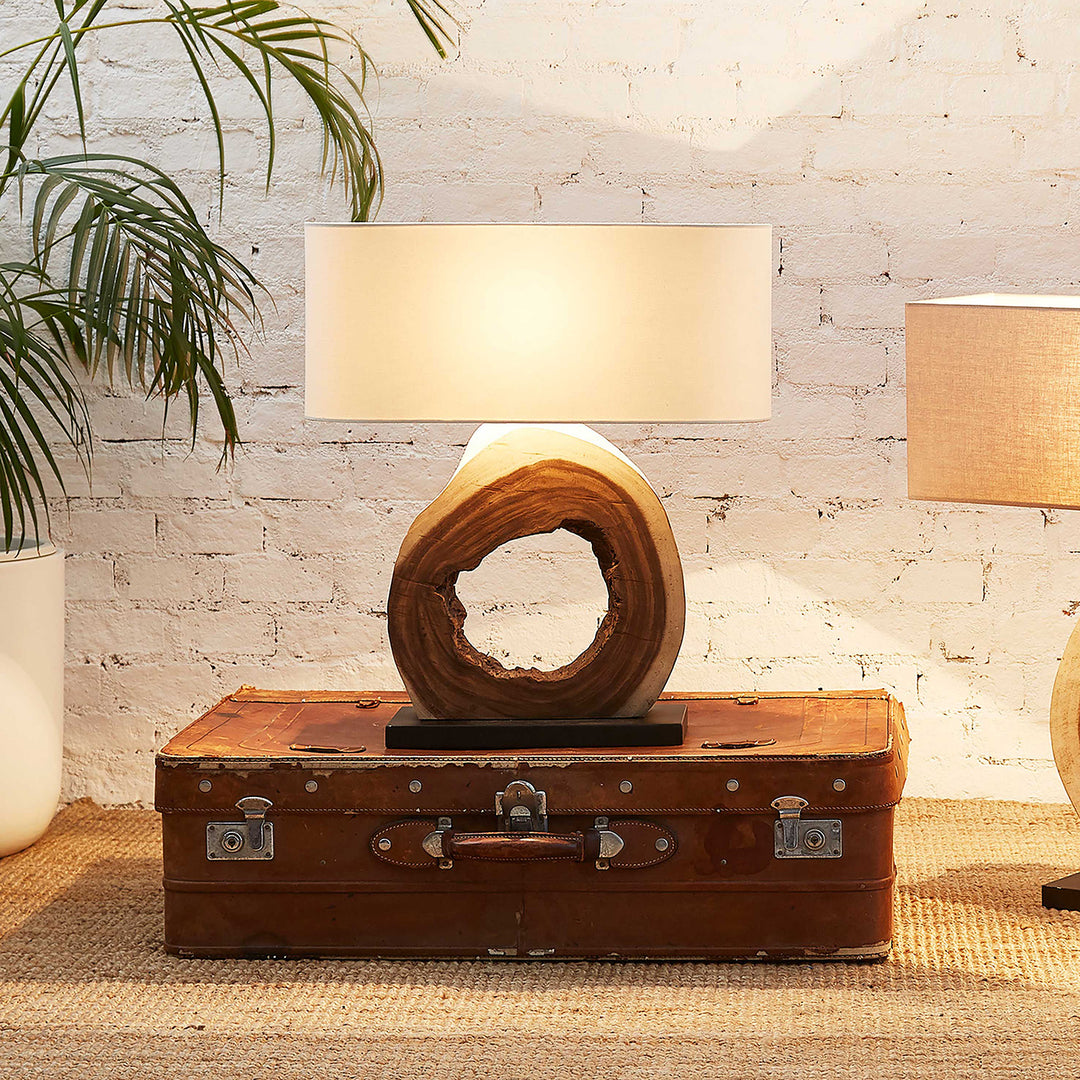 Vintage suitcase with a wooden sculpture on top, against a white brick wall.