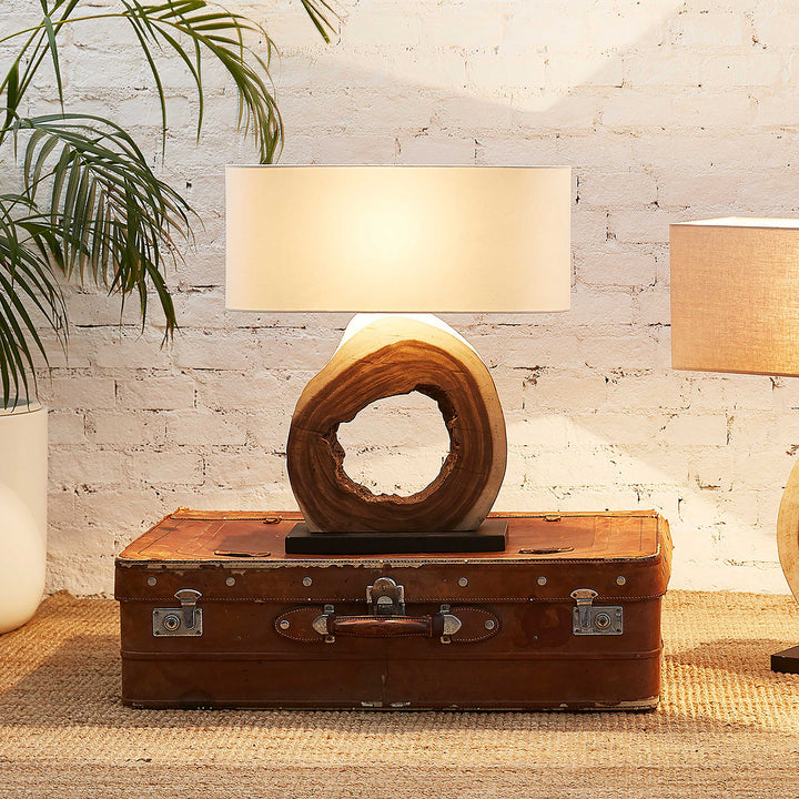 Vintage suitcase with a wooden sculpture on top, against a white brick wall.