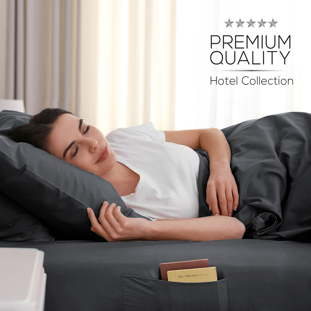 Woman lying on a bed with premium quality bedding, featuring a five-star rating.