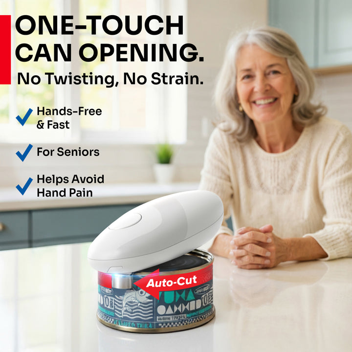 Woman using a can opener with text highlighting its features in a kitchen setting, one-touch can opening, no twisting, no strain